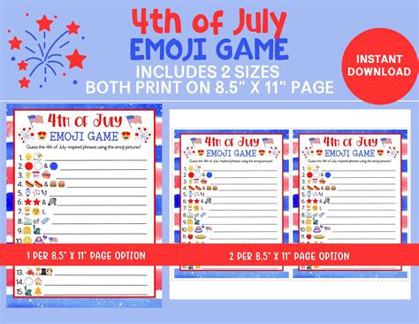 4th of July Emoji Game, Printable July 4th Game, Independence Day Game