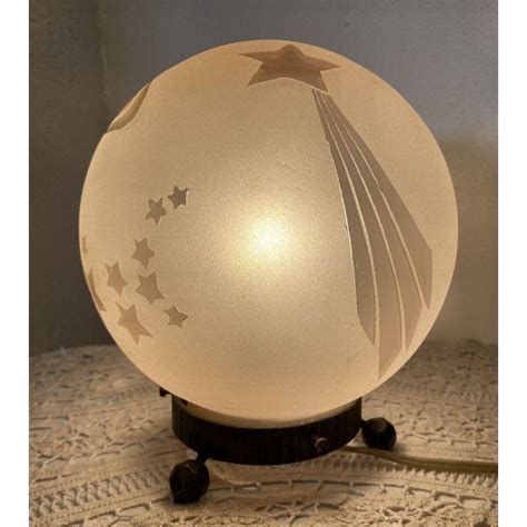 1920 S French Art Deco Sandblasted Pink Art Glass Table Lamp Planet Saturn Shooting Stars