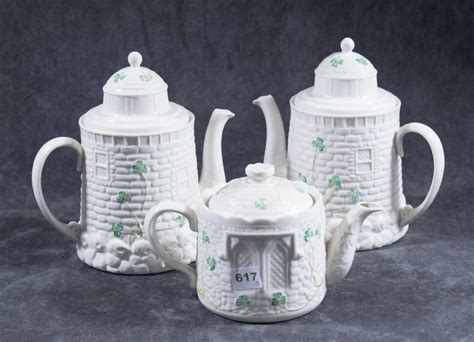 Lot 3 Belleek Teapots Castle Teapot And Two Lighthous