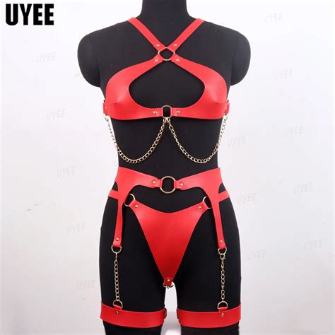 Uyee Sexy Luxury Garters Faux Leather Harness For Women Golden Chain