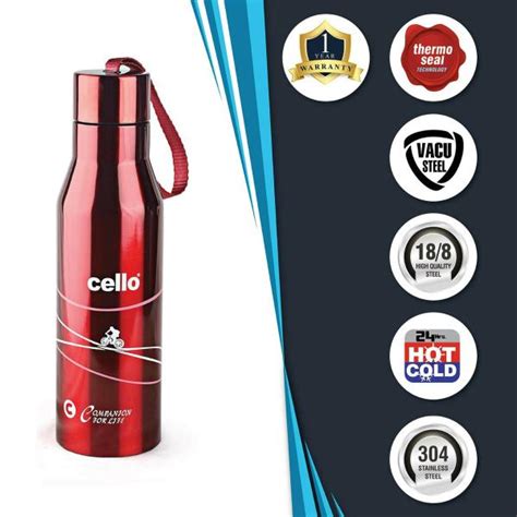 Cello Refresh Stainless Steel Double Walled Water Bottle Hot And Cold Thermos Ml Pc Red