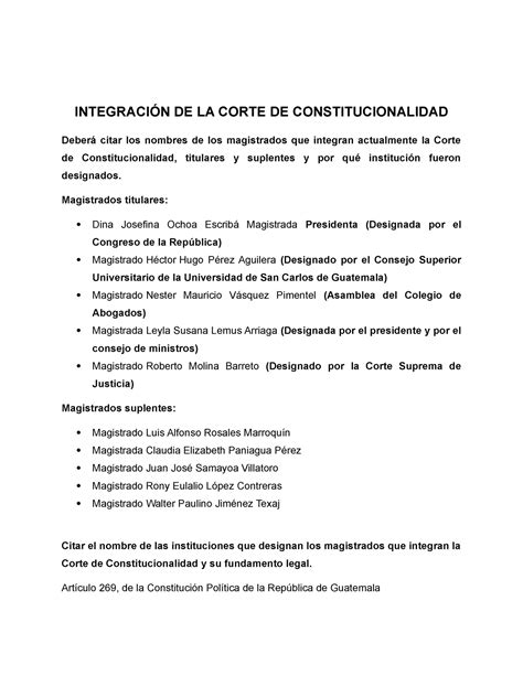 Integracion De Los Magistrados De La Cc IntegraciÓn De La Corte De Constitucionalidad Deberá