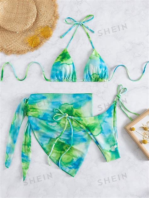 SHEIN Swim Summer Beach Tie Dye Bikini Set Halter Micro Triangle Bra