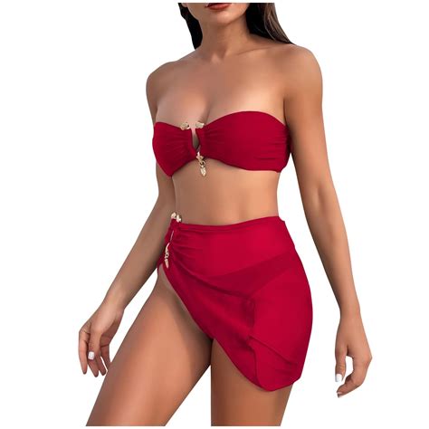 WREESH Women S Trendy Piece Bikini Set Strapless Cheeky Swimsuit Ruffle Skirt Cover Up