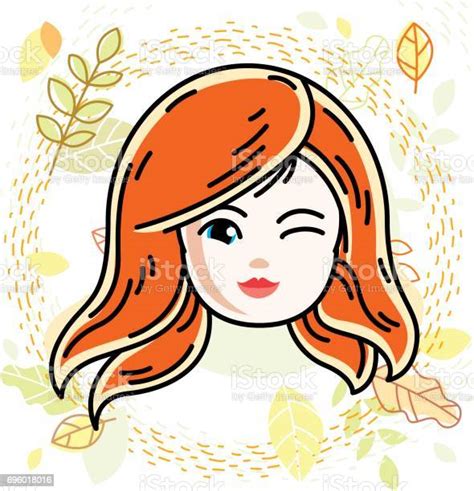 Vector Illustration Of Beautiful Redhaired Happy Girl Face Positive