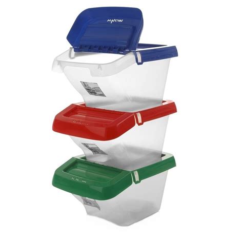 Buy PACK OF 3 30 LITRE STACKABLE RECYCLING CLEAR BASE COLOUR CODED