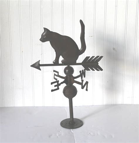 Early 20th Century Diminutive Tin Cat Weathervane On Original Base At