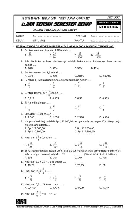 Soal Pts Matematika Kelas 5 Semester 1 Homecare24