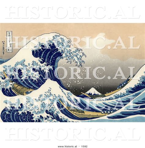 Historical Illustration of a Tsunami Wave near Mount Fuji, the Great ...