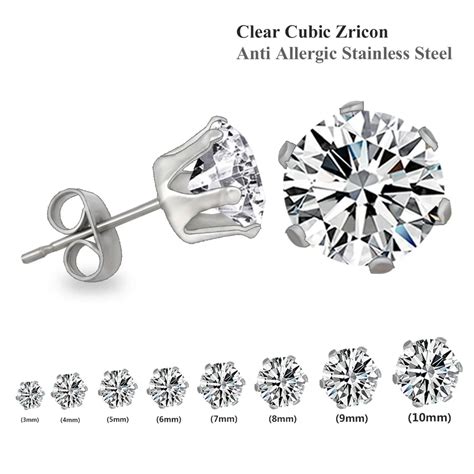 Clear Stud Earrings Brilliant Round Cut CZ Zircon Stainless Steel