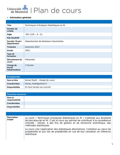 Plan Du Cours Techniques Danalyse Statistique Stat En Ri Groupee A