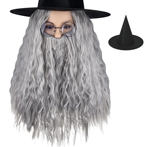 Amazon Plulon Pieces Grey Wig And Beard Long Gray Wizard Wig And