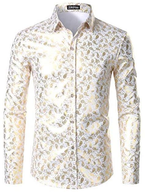 Buy Zeroyaa Mens Party Shiny Gold Paisley Slim Fit Long Sleeve Button