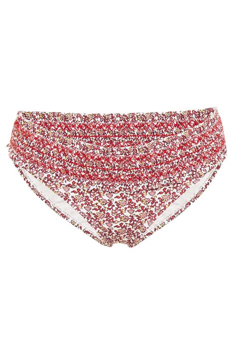 TORY BURCH Ruffle Trimmed Shirred Printed Mid Rise Bikini Briefs THE OUTNET