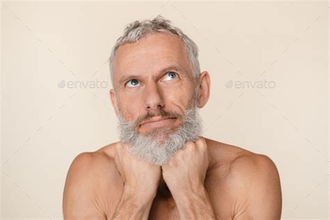 Pensive Thoughtful Caucasian Middle Aged Man With Bare Shoulders Naked