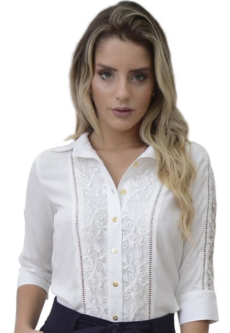 Camisa Mamorena Renda Guipir Frente E Mangas Off White Em