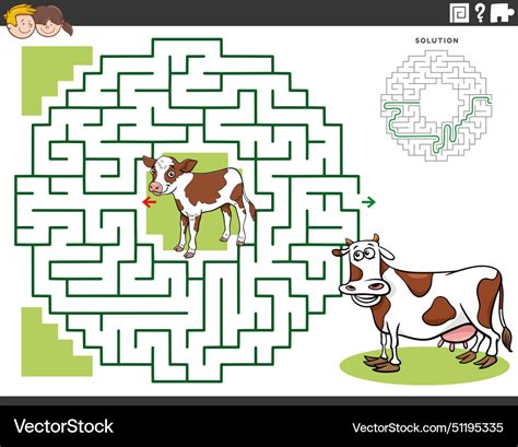 Maze Game With Cartoon Calf And Cow Animal Vector Image