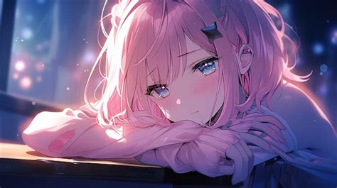 Premium Photo | Anime girl with pink hair and blue eyes leaning on a ...