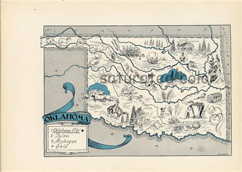 Oklahoma Map Vintage Map Art High Res DIGITAL IMAGE of a - Etsy