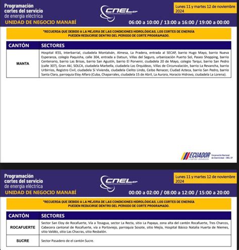 Nuevos horarios de cortes de luz en Manabí martes 12 noviembre Oromartv