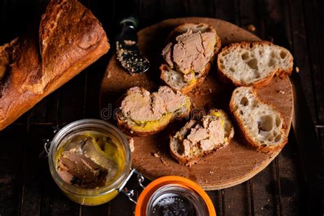 French Baguette With Foie Gras On A Wooden Surface Cooking Bruschetta