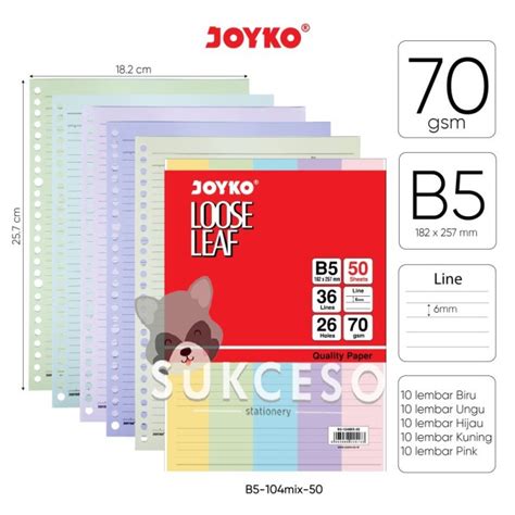 Jual Joyko Loose Leaf B5 104 MIX 50 Sheets Isi Kertas File Binder