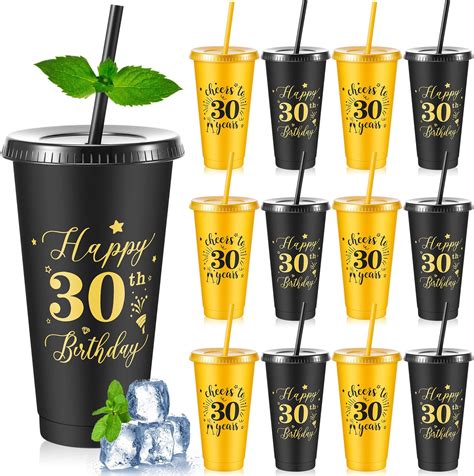 Uiifan 30 Pcs Birthday Cups With Straw And Lid Birthday Reusable Plastic Tumblers