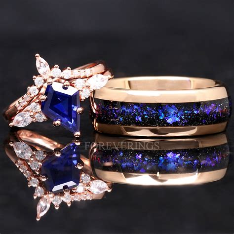 Orion Nebula Ring Set Rose Gold, His and Hers Wedding Bands, Blue