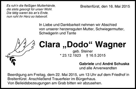 Traueranzeigen Von Clara Wagner ZVW Trauer