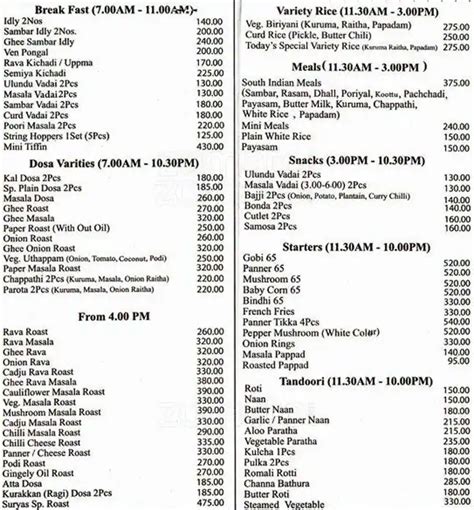 Sri Suryas Menu Menu For Sri Suryas Pettah Colombo 11 Colombo