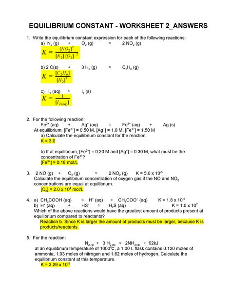 03 Equilibrium Constant Worksheet 2 Answers EQUILIBRIUM CONSTANT