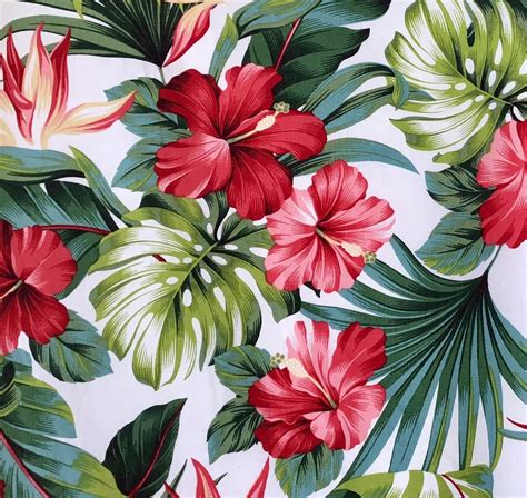 Fabric Red Hibiscus Garden On White Tropical Hawaii By The Etsy In