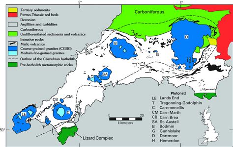 Geologic sketch map of southwest England, showing Cornubian batholith ...