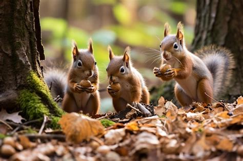 Three Squirrels Are Eating Nuts In The Woods Premium AI Generated Image