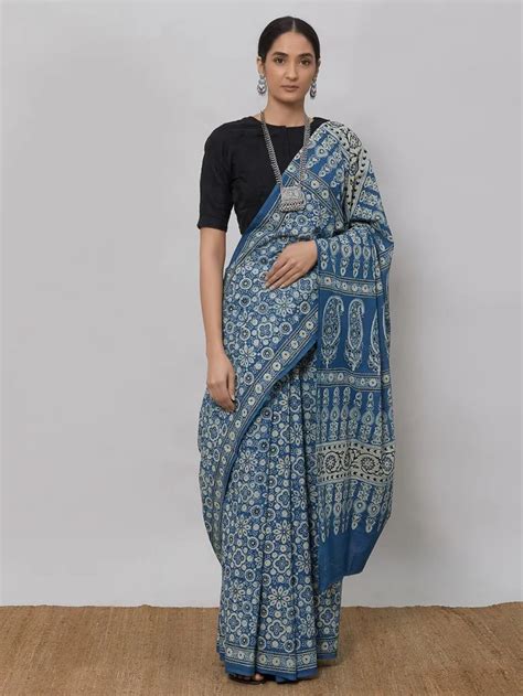 Buy Blue Hand Block Printed Ajrakh Cotton Saree Online At Theloom