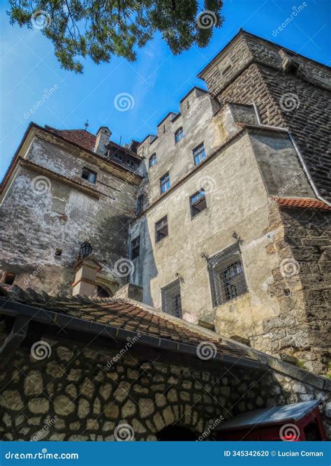 Medieval Castle, Historic Building, Romania, View from Below Stock