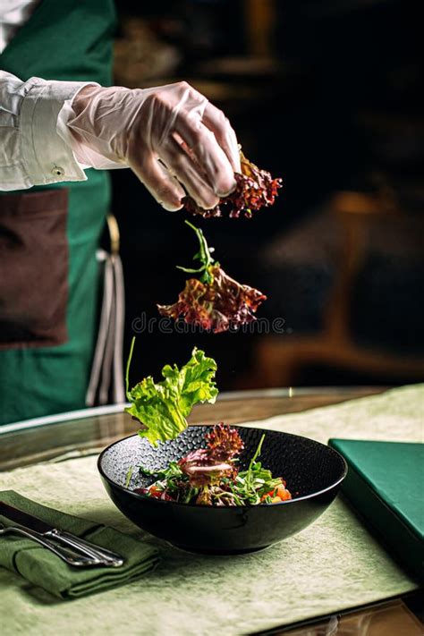 Chef Making Salad With Iceberg In Gourmet Bowl Stock Image Image Of