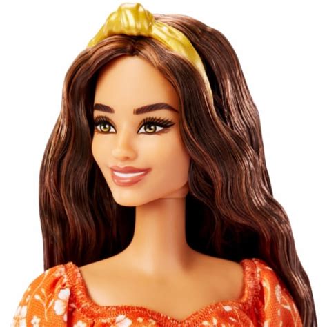 Barbie Fashionistas Doll Long Wavy Brunette Hair Floral Print Dress With Ruffles And Heels 1