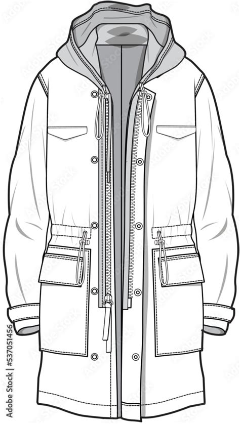 Hoodie Long Parka Jacket Fashion Illustration Vector Cad Technical Drawing Flat Drawing