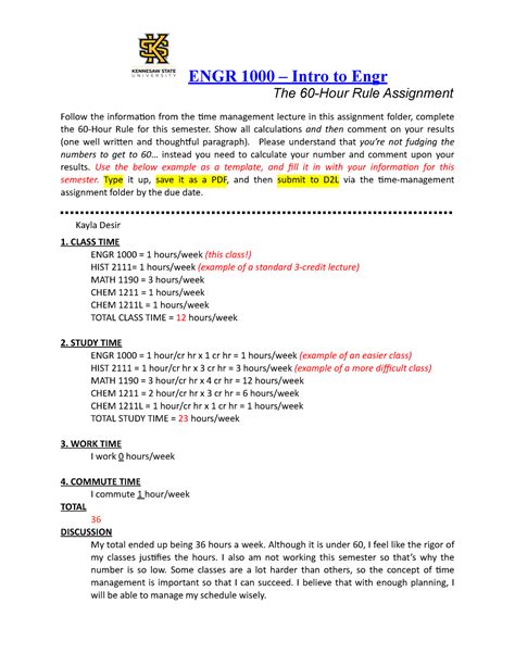 Time Management Assignment ENGR 1000 Intro To Engr The 60 Hour Rule