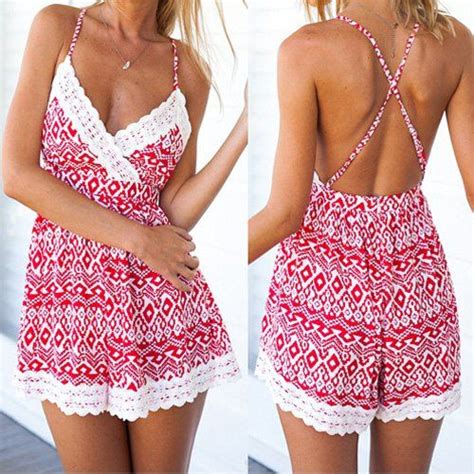 2018 Sexy Spaghetti Strap Backless Print Lace Splicing Romper For Women