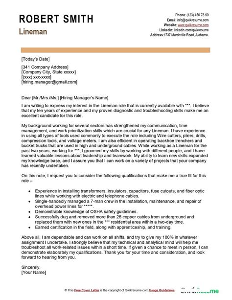 Lineman Cover Letter Examples QwikResume