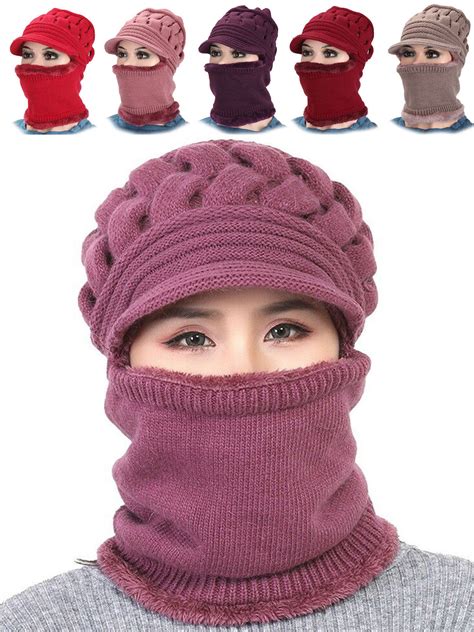 Deago Womens Bib Beanie Hat Pom Bobble Scarf Mask Set Knitted Winter