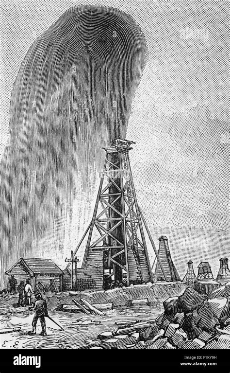 A 19th Century view of an oil strike at oil well in Baku, Azerbaijan ...