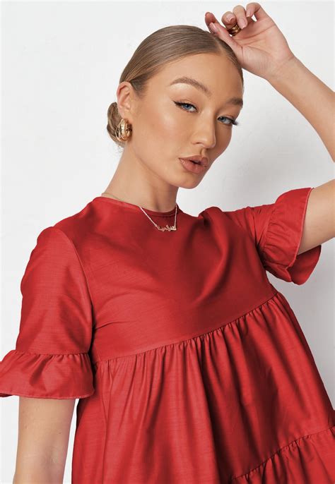 Red Frill Sleeve Smock Dress Missguided