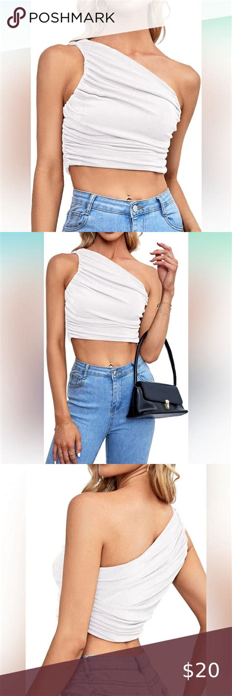 Sexy Ruched White One Shoulder Sleeveless Crop Top Strappy Cami Tank In