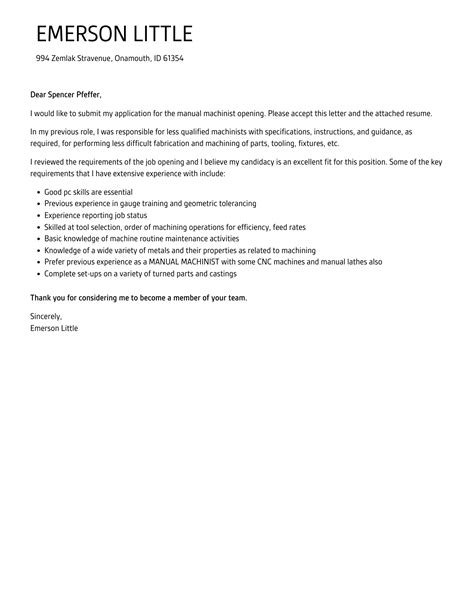 Manual Machinist Cover Letter Velvet Jobs