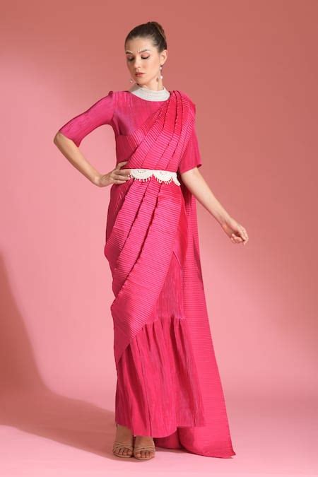 Buy Pink Satin Embellished Pearl Round High Neck Pleated Saree Gown