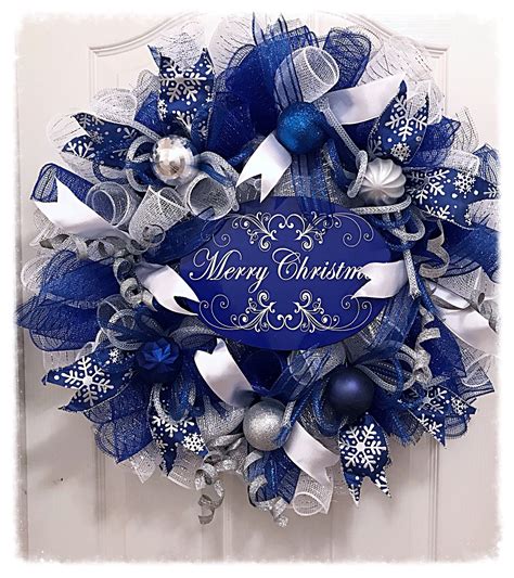 Blue Merry Christmas Deco Mesh Wreathmerry Christmas Wreathchristmas