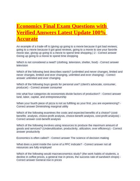 Economics Final Exam Questions With Verified Answers Latest Update 100 Accurate Exams